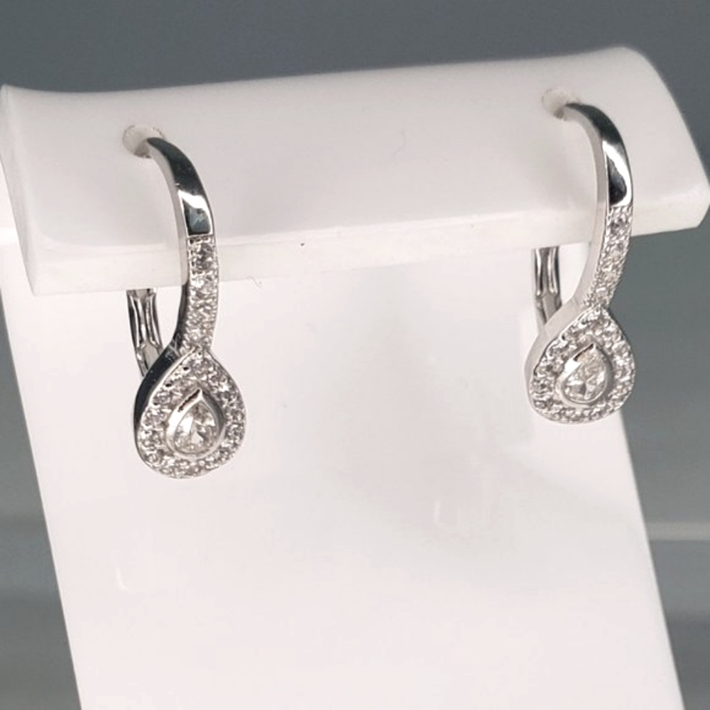 New Rhodium Plated Sterling Silver Pave Teardrop Earrings
